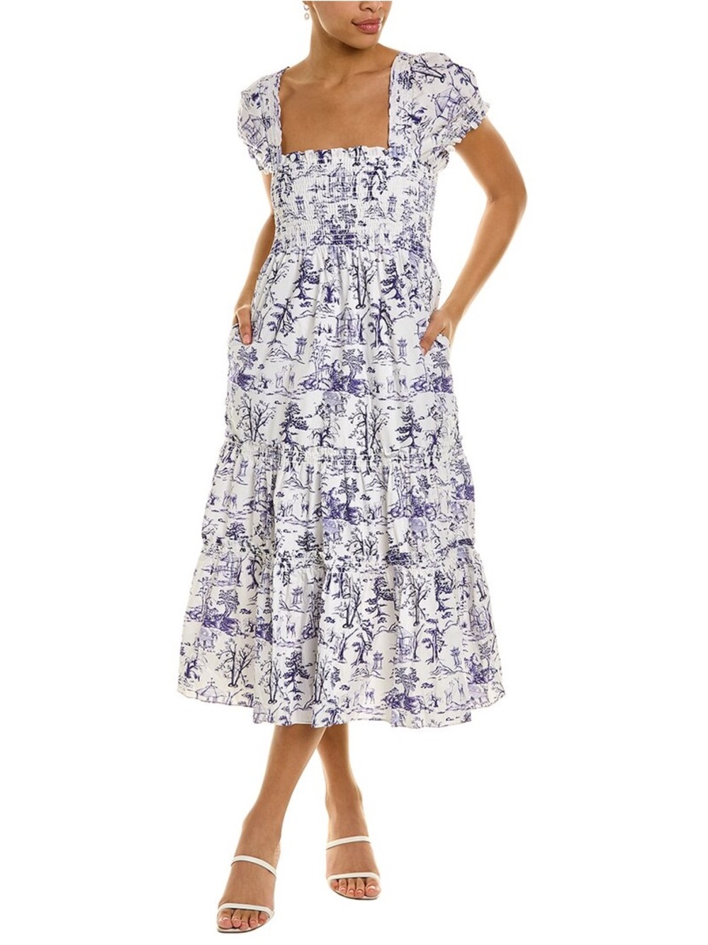 O.p.t One Pretty Time Daphne Midi Tiered Dress In Blue Toile XS Small NWT